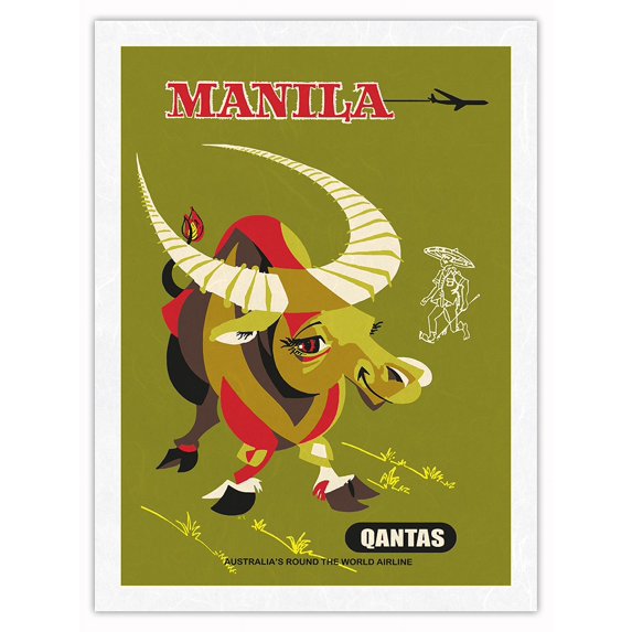 Manilla Philippines - Quantas Air Lines - Vintage Airline Travel Poster c.1950 - Japanese Unryu Rice Paper Art Print 24 x 32 in