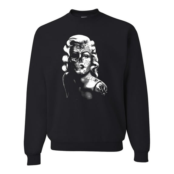 Manilyn Monroe Skull Face and Body Tattoo | Mens Pop Culture Crewneck Graphic Sweatshirt, Black, Small