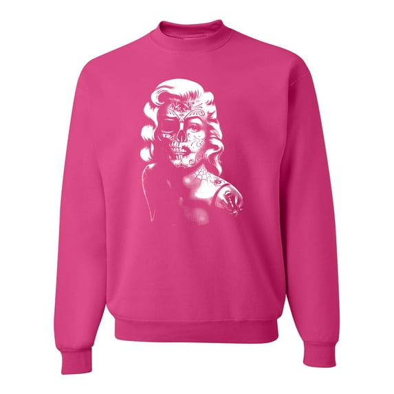 Manilyn Monroe Skull Face and Body Tattoo | Mens Pop Culture Crewneck Graphic Sweatshirt, Fuschia, Large