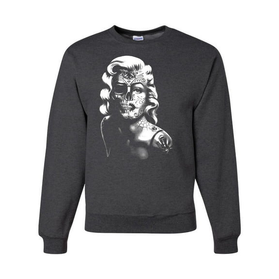 Manilyn Monroe Skull Face and Body Tattoo | Mens Pop Culture Crewneck Graphic Sweatshirt, Heather Black, Large
