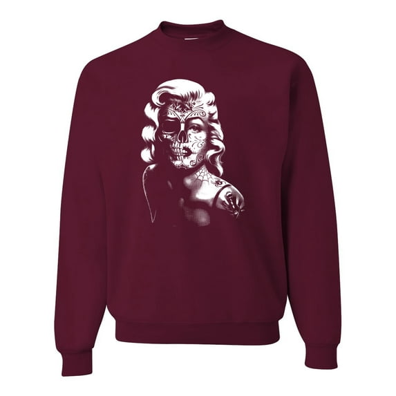 Manilyn Monroe Skull Face and Body Tattoo | Mens Pop Culture Crewneck Graphic Sweatshirt, Maroon, Small
