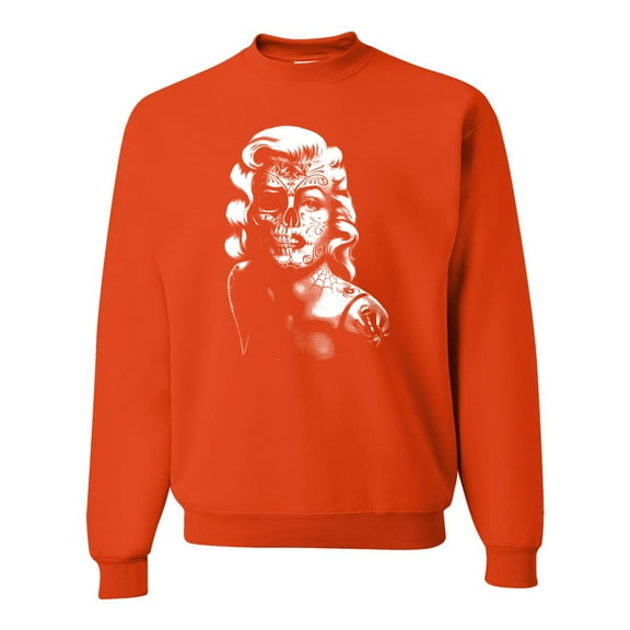 Manilyn Monroe Skull Face and Body Tattoo | Mens Pop Culture Crewneck Graphic Sweatshirt, Orange, X-Large