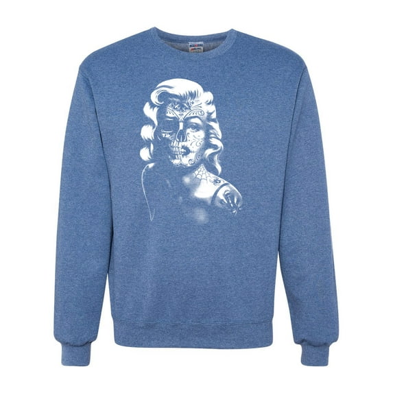 Manilyn Monroe Skull Face and Body Tattoo | Mens Pop Culture Crewneck Graphic Sweatshirt, Vintage Heather Blue, Medium