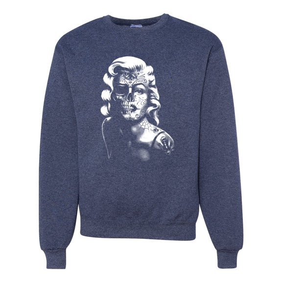 Manilyn Monroe Skull Face and Body Tattoo | Mens Pop Culture Crewneck Graphic Sweatshirt, Vintage Heather Navy, X-Large
