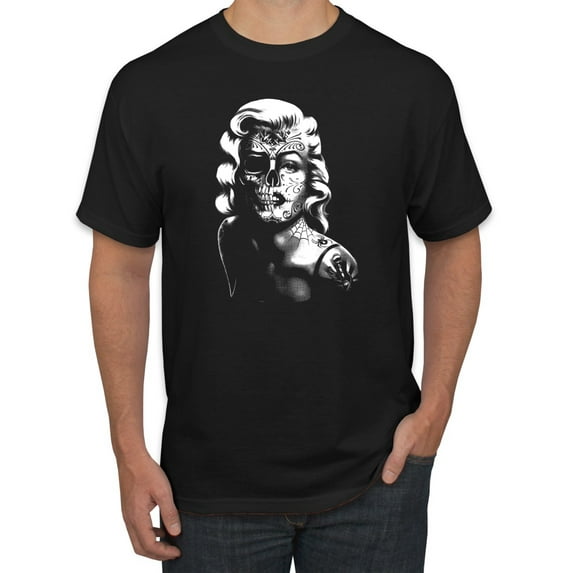 Manilyn Monroe Skull Face and Body Tattoo | Mens Pop Culture Graphic T-Shirt, Black, Small