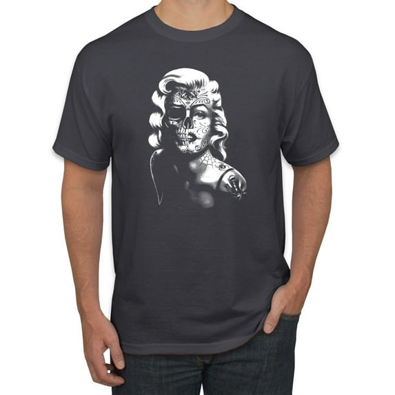 Manilyn Monroe Skull Face and Body Tattoo | Mens Pop Culture Graphic T-Shirt, Charcoal, 3XL