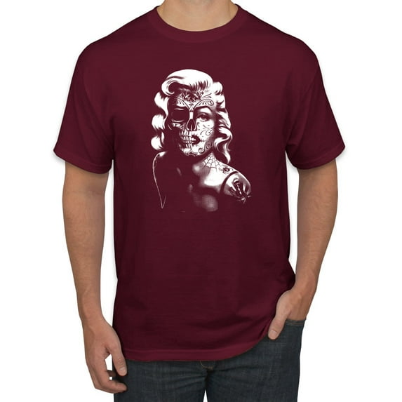 Manilyn Monroe Skull Face and Body Tattoo | Mens Pop Culture Graphic T-Shirt, Maroon, Small