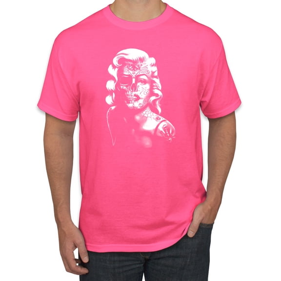 Manilyn Monroe Skull Face and Body Tattoo | Mens Pop Culture Graphic T-Shirt, Neon Pink, Medium