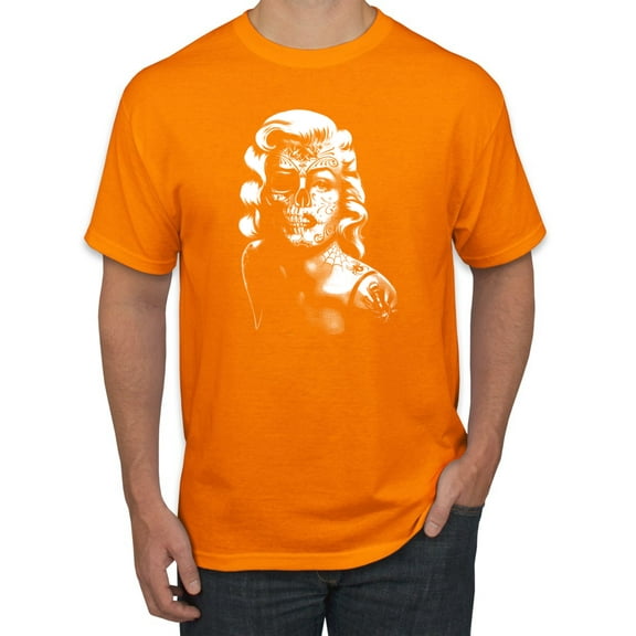 Manilyn Monroe Skull Face and Body Tattoo | Mens Pop Culture Graphic T-Shirt, Orange, X-Large