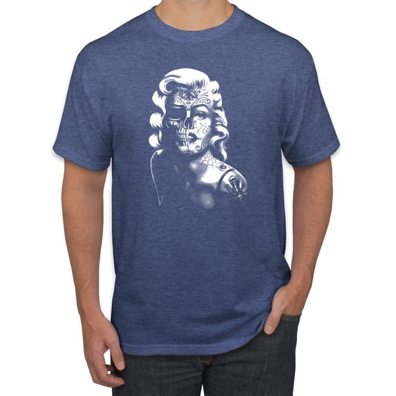 Manilyn Monroe Skull Face and Body Tattoo | Mens Pop Culture Graphic T-Shirt, Vintage Heather Blue, Large