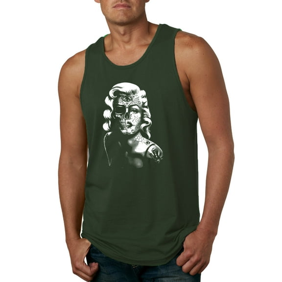 Manilyn Monroe Skull Face and Body Tattoo | Mens Pop Culture Graphic Tank Top, Forest Green, Small