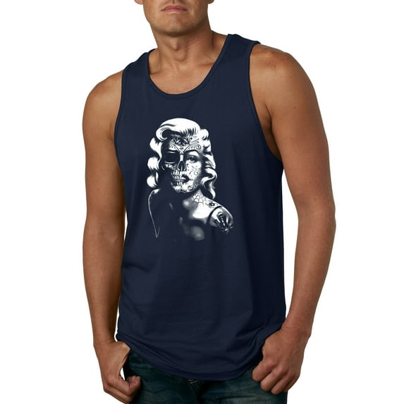 Manilyn Monroe Skull Face and Body Tattoo | Mens Pop Culture Graphic Tank Top, Navy, Small
