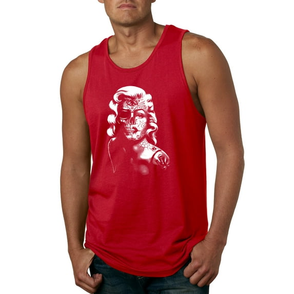 Manilyn Monroe Skull Face and Body Tattoo | Mens Pop Culture Graphic Tank Top, Red, X-Large