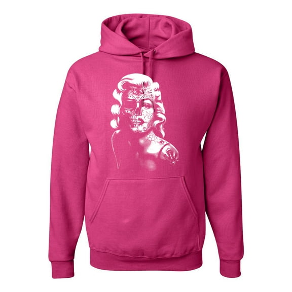 Manilyn Monroe Skull Face and Body Tattoo | Mens Pop Culture Hooded Sweatshirt Graphic Hoodie, Fuschia, Small