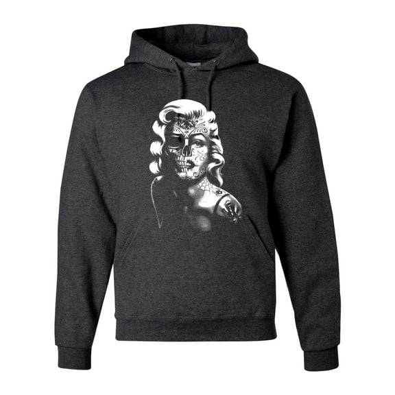 Manilyn Monroe Skull Face and Body Tattoo | Mens Pop Culture Hooded Sweatshirt Graphic Hoodie, Heather Black, X-Large