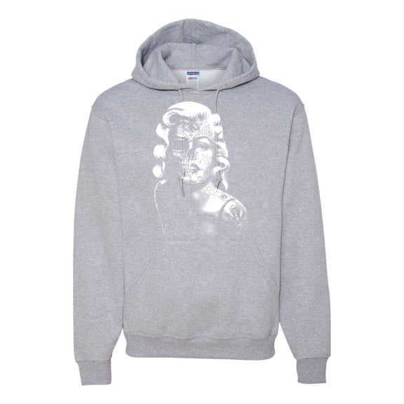 Manilyn Monroe Skull Face and Body Tattoo | Mens Pop Culture Hooded Sweatshirt Graphic Hoodie, Heather Grey, Large