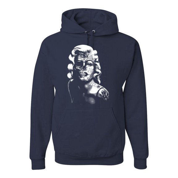 Manilyn Monroe Skull Face and Body Tattoo | Mens Pop Culture Hooded Sweatshirt Graphic Hoodie, Navy, Large