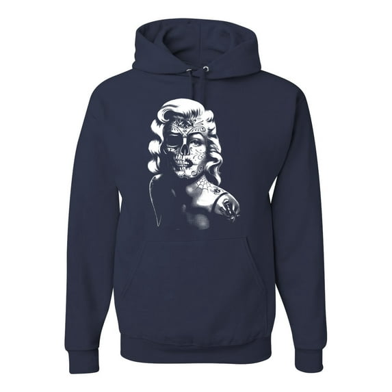 Manilyn Monroe Skull Face and Body Tattoo | Mens Pop Culture Hooded Sweatshirt Graphic Hoodie, Navy, Medium