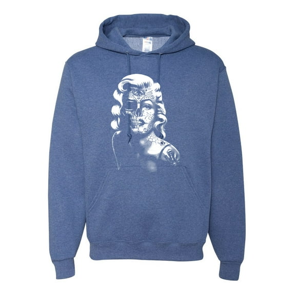 Manilyn Monroe Skull Face and Body Tattoo | Mens Pop Culture Hooded Sweatshirt Graphic Hoodie, Vintage Heather Blue, X-Large