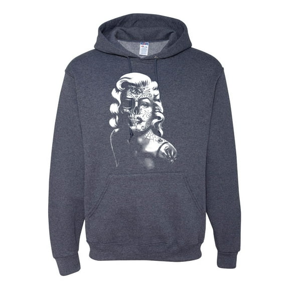 Manilyn Monroe Skull Face and Body Tattoo | Mens Pop Culture Hooded Sweatshirt Graphic Hoodie, Vintage Heather Navy, Small