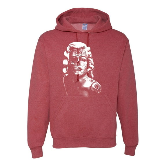 Manilyn Monroe Skull Face and Body Tattoo | Mens Pop Culture Hooded Sweatshirt Graphic Hoodie, Vintage Heather Red, Medium
