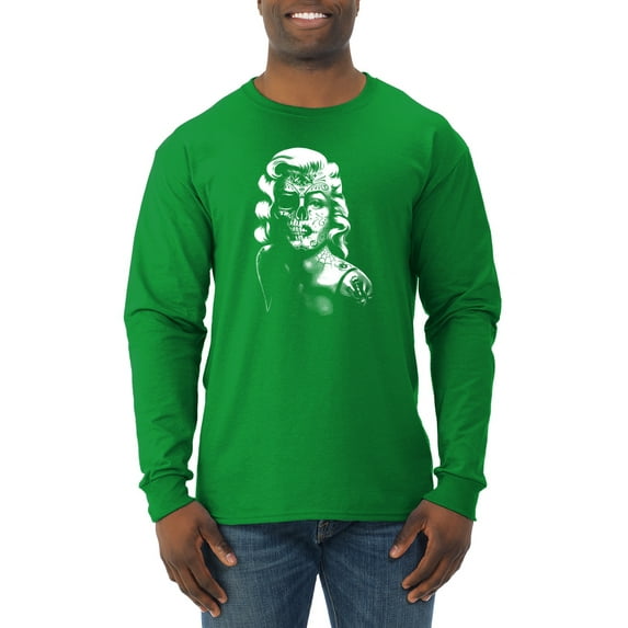 Manilyn Monroe Skull Face and Body Tattoo | Mens Pop Culture Long Sleeve T-Shirt, Kelly, X-Large