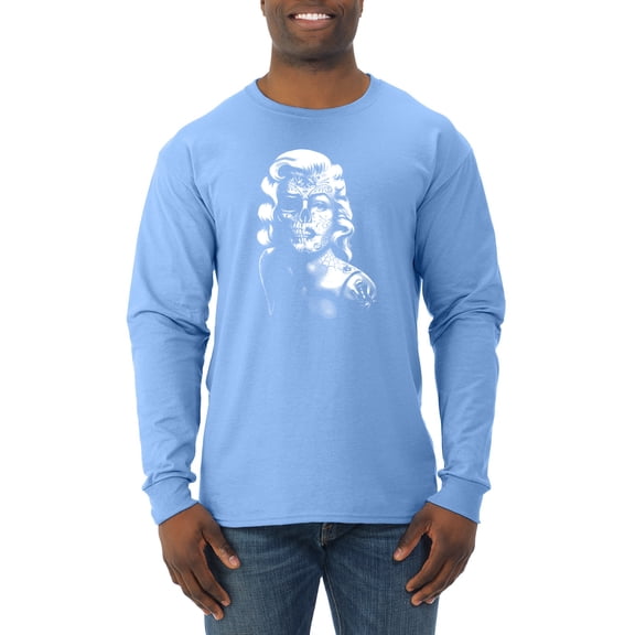 Manilyn Monroe Skull Face and Body Tattoo | Mens Pop Culture Long Sleeve T-Shirt, Light Blue, Medium