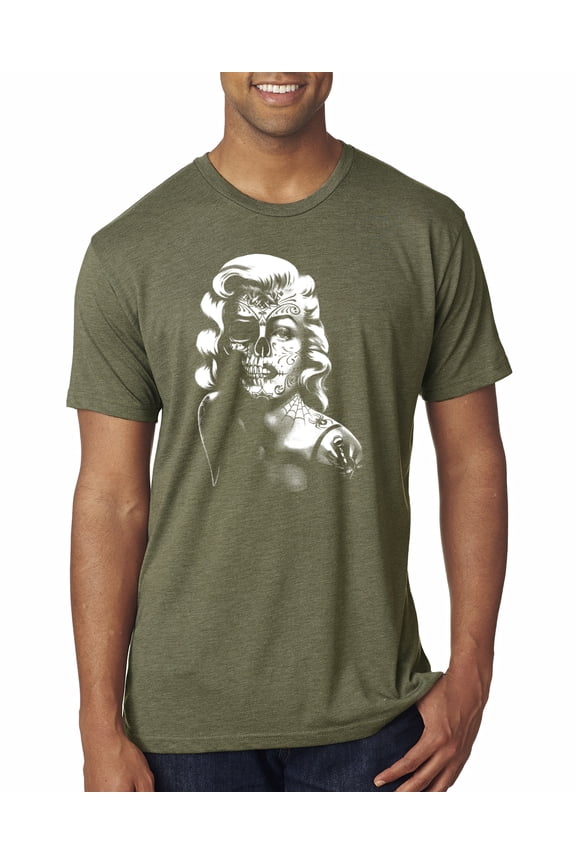 Manilyn Monroe Skull Face and Body Tattoo | Mens Pop Culture Premium Tri Blend T-Shirt, Military Green, Large