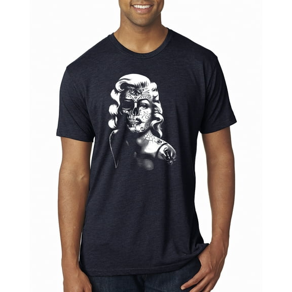 Manilyn Monroe Skull Face and Body Tattoo | Mens Pop Culture Premium Tri Blend T-Shirt, Vintage Navy, Medium