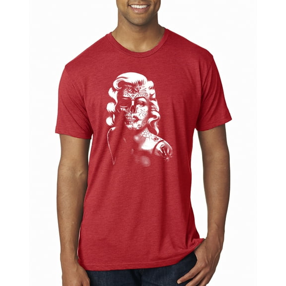 Manilyn Monroe Skull Face and Body Tattoo | Mens Pop Culture Premium Tri Blend T-Shirt, Vintage Red, Medium