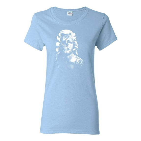 Manilyn Monroe Skull Face and Body Tattoo | Womens Pop Culture Graphic T-Shirt, Light Blue, Large