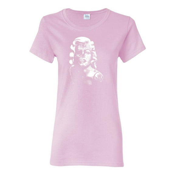 Manilyn Monroe Skull Face and Body Tattoo | Womens Pop Culture Graphic T-Shirt, Light Pink, X-Large
