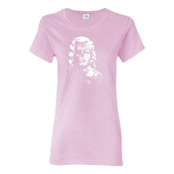 Manilyn Monroe Skull Face and Body Tattoo | Womens Pop Culture Graphic T-Shirt, Light Pink, X-Large
