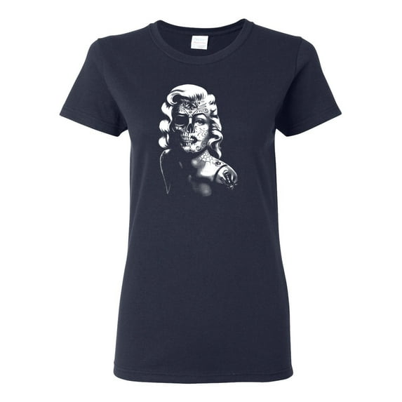 Manilyn Monroe Skull Face and Body Tattoo | Womens Pop Culture Graphic T-Shirt, Navy, 2XL