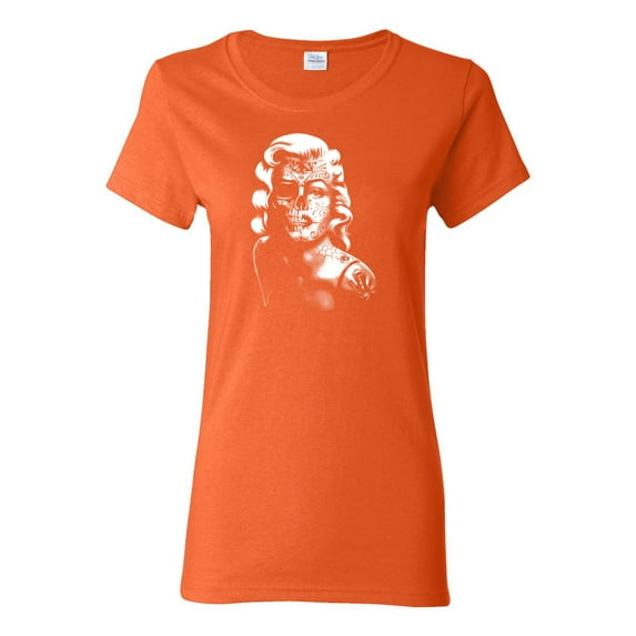 Manilyn Monroe Skull Face and Body Tattoo | Womens Pop Culture Graphic T-Shirt, Orange, Small