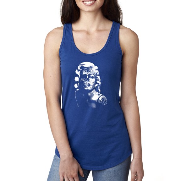Manilyn Monroe Skull Face and Body Tattoo | Womens Pop Culture Jersey Racerback Tank Top, Royal, Medium