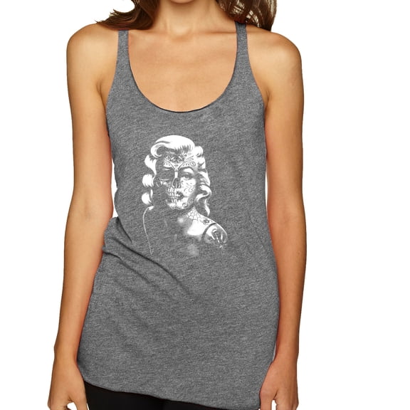 Manilyn Monroe Skull Face and Body Tattoo | Womens Pop Culture Premium Tri-Blend Racerback Tank Top, Premium Heather, Large