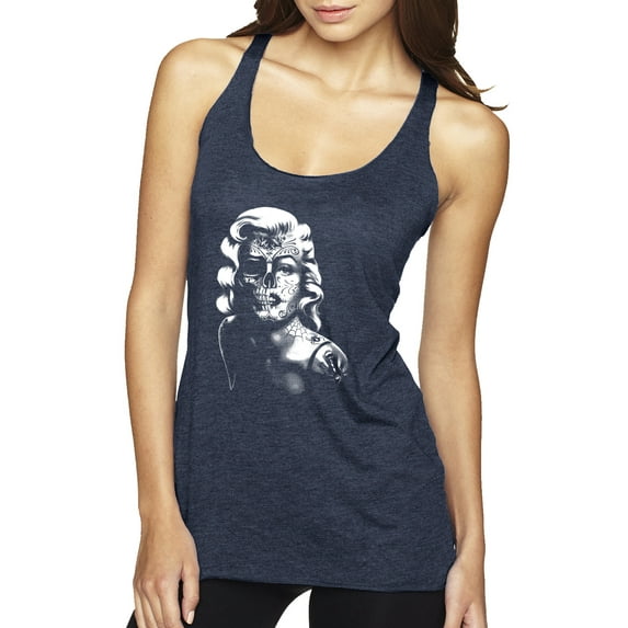 Manilyn Monroe Skull Face and Body Tattoo | Womens Pop Culture Premium Tri-Blend Racerback Tank Top, Vintage Navy, Large
