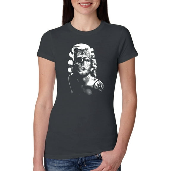 Manilyn Monroe Skull Face and Body Tattoo | Womens Pop Culture Slim Fit Junior Tee, Dark Grey, 2XL