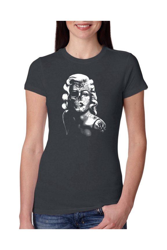 Manilyn Monroe Skull Face and Body Tattoo | Womens Pop Culture Slim Fit Junior Tee, Dark Grey, X-Large