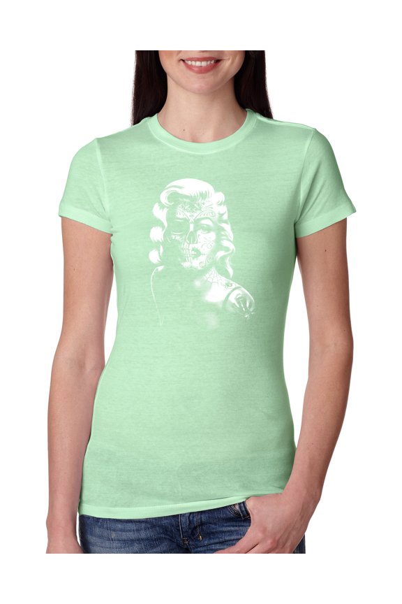 Manilyn Monroe Skull Face and Body Tattoo | Womens Pop Culture Slim Fit Junior Tee, Mint, 2XL