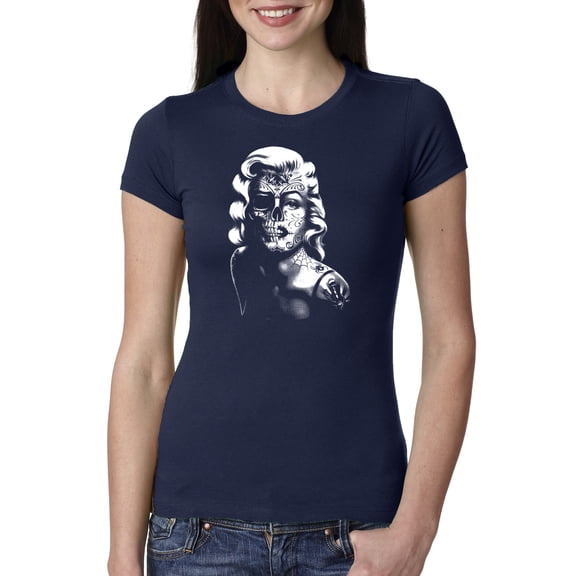 Manilyn Monroe Skull Face and Body Tattoo | Womens Pop Culture Slim Fit Junior Tee, Navy, Small