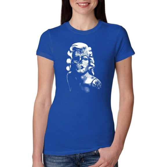 Manilyn Monroe Skull Face and Body Tattoo | Womens Pop Culture Slim Fit Junior Tee, Royal, Small