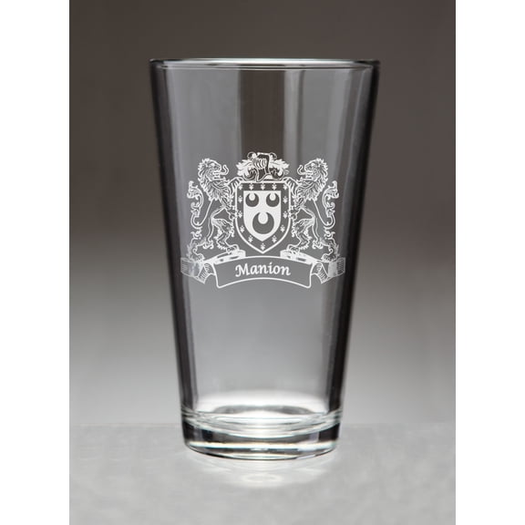 Manion Irish Coat of Arms Lions Pint Glasses (Sand Etched)
