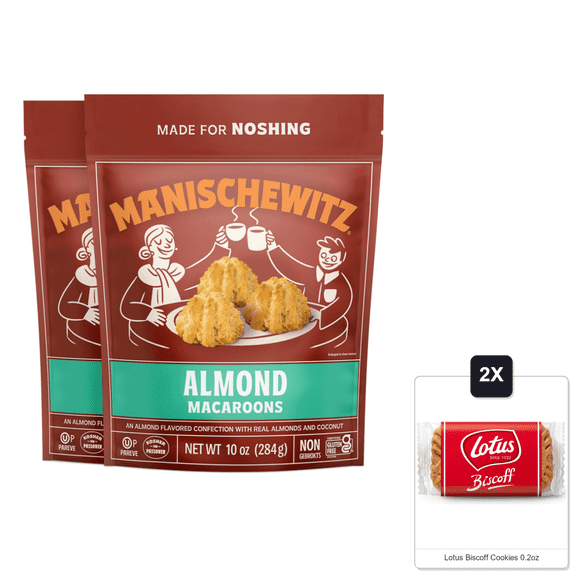 Manischewitz Almond Macaroons, 10 Oz (2 Pack) | Coconut Macaroons | Resealable Bag | Dairy Free | Gluten Free Coconut Cookie | Kosher For Passover & 2x Lotus Biscoff Cookies 0.2oz