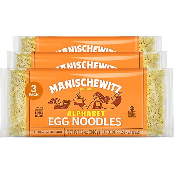 Manischewitz Alphabet ABC Pasta Egg Noodles 12oz 3 Pack, Home-style Taste & Texture, Premium Enriched, Low Sodium, No Preservatives