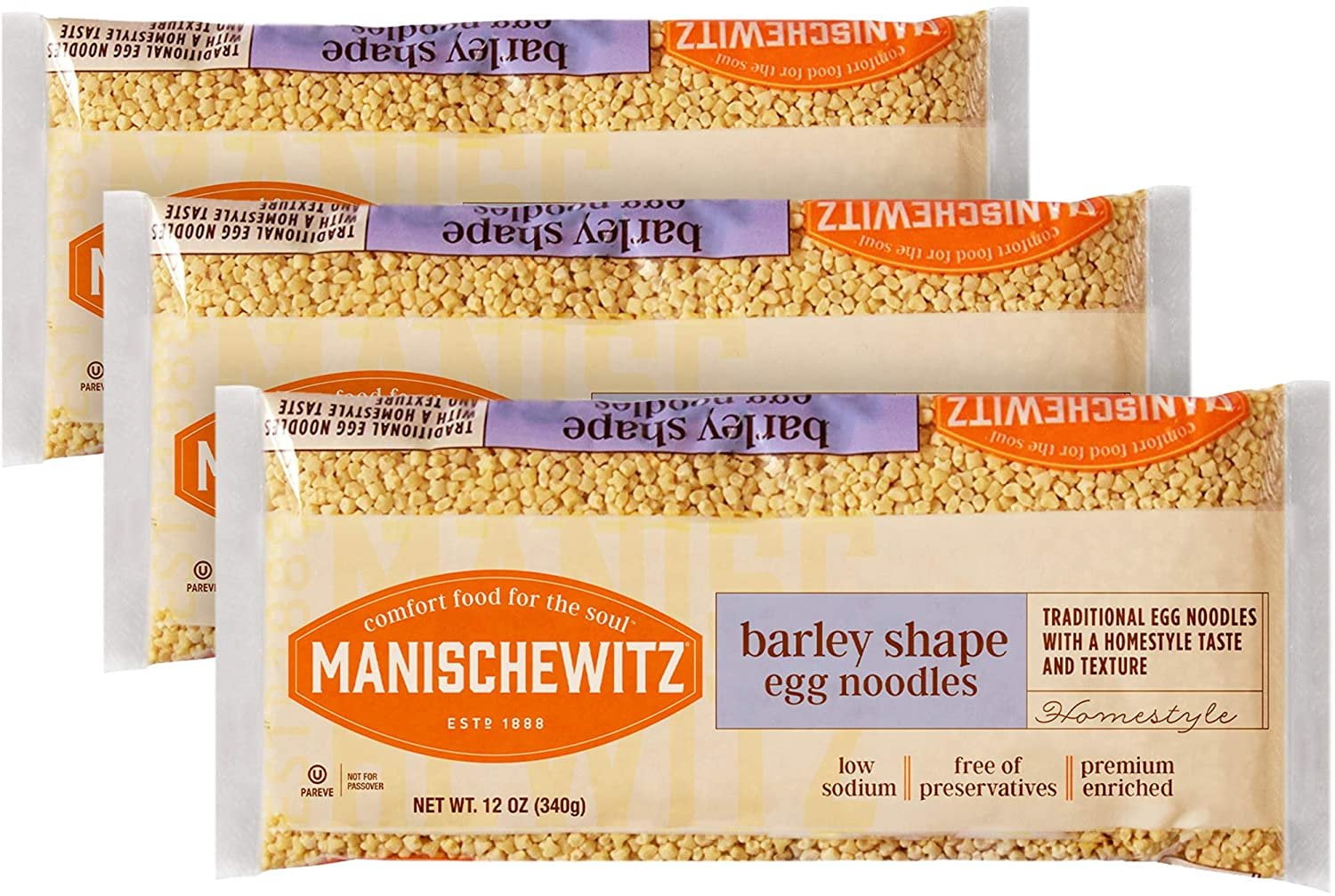 Manischewitz Barley Shaped Enriched Egg Noodles, 12 OZ Pack of 3 Makes