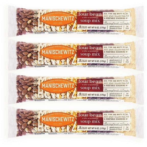 Manischewitz Four Bean Soup Mix 6oz 4 Pack Cello Sou, Red, Pink & White Beans with Yellow Split Peas & a Hearty Vegetable Seasoning Mix, Great Source of Fiber & Protein