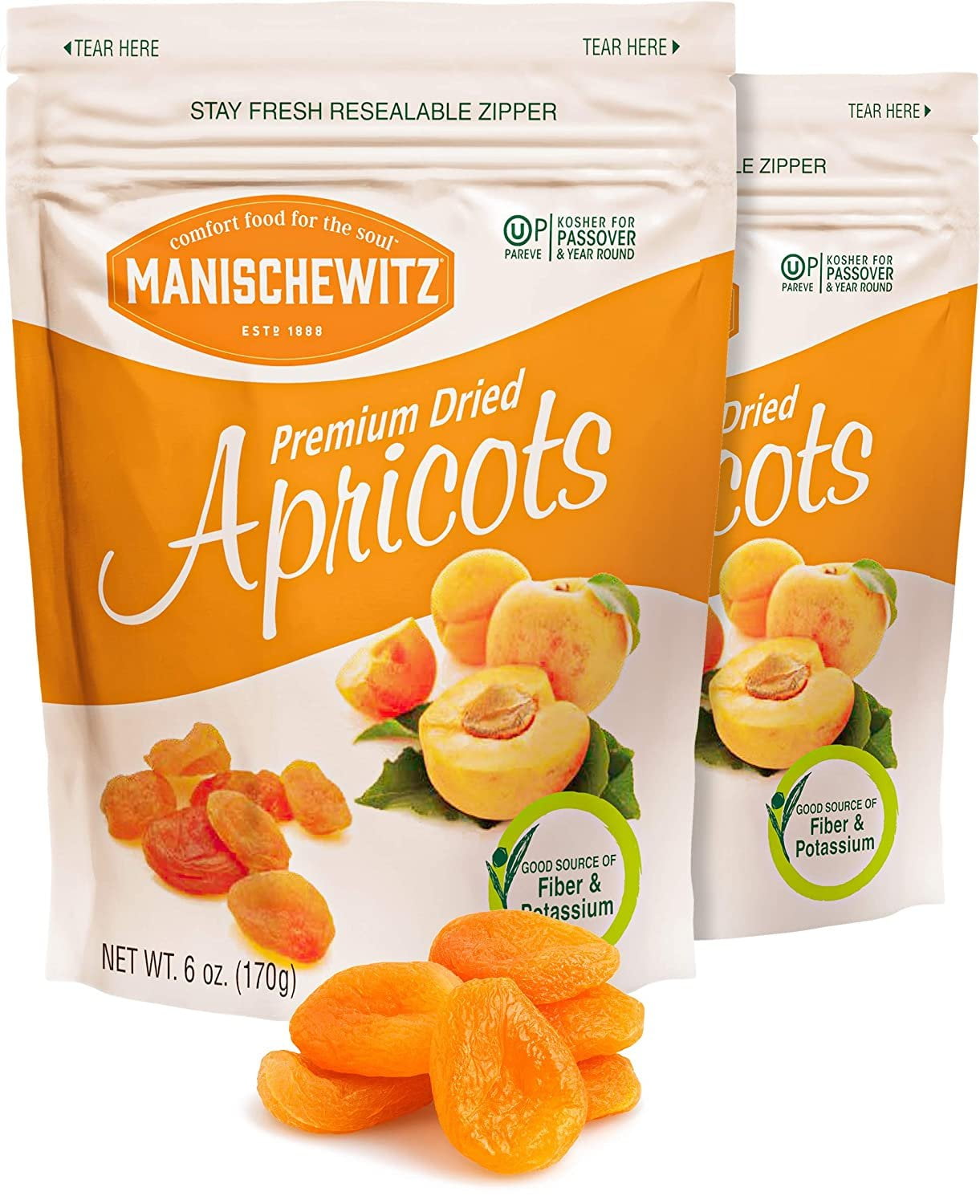 Manischewitz Premium Dried Apricots 6oz 2 Pack "Resealable Bag", Gluten