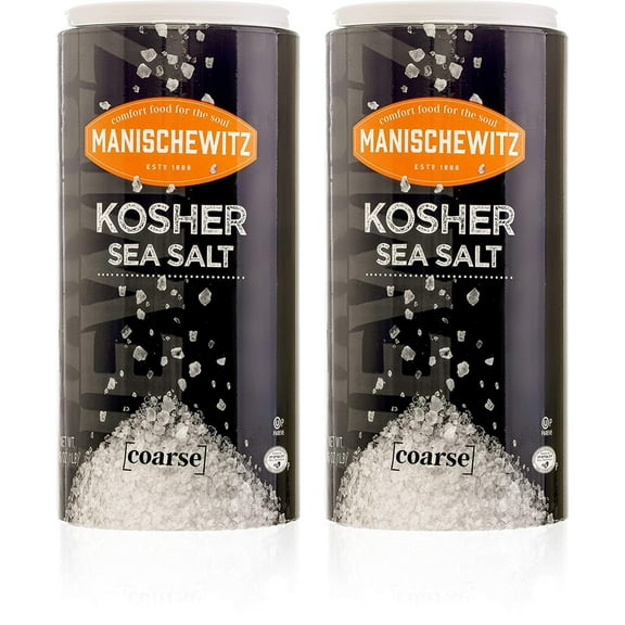 Manischewitz Premium Kosher Salt, Coarse Sea Salt, 16oz 2 Pack Total 2 Pounds Easy Pour Canister, Product of Italy, Pure Mediterranean Sea Salt, The Perfect Salt Grinder Refill!